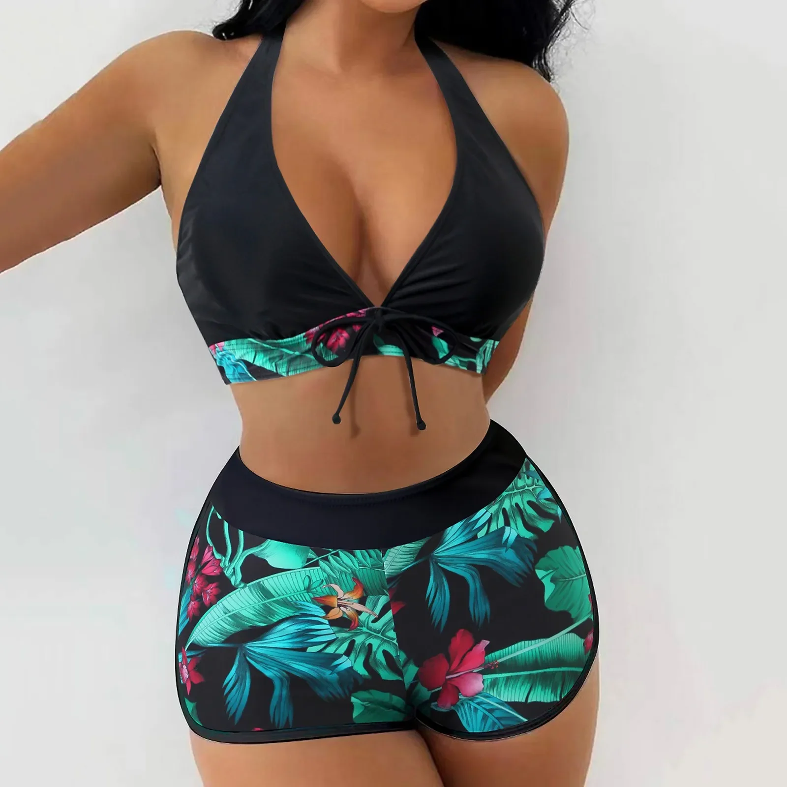 

Women Two Piece Swimwears Tankinis Bikinis Vintage Tropical Prints Swimsuit Conservative High Waist Swim Shorts For Teen Girls