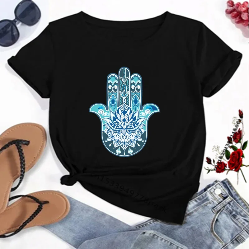 Hamasa mão de fátima impressão camisetas femininas sorte hamsa mão harajuku unissex t camisas verão manga curta preto topo t feminino