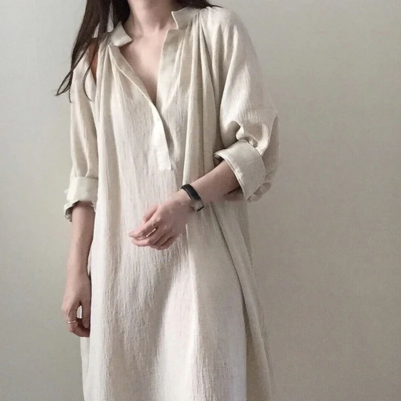Abito maxi di marca per donna Abito primaverile Sunmer Tinta unita Scollo a V Maniche a tre quarti Abito camicia allentata casual XQ90