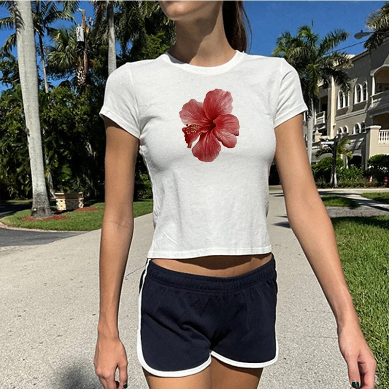 2024Women Summer Retro Floral Flower Print Slim Graphic Crop Top Flower Print Women Printed Tees Vintage Classic Clothes