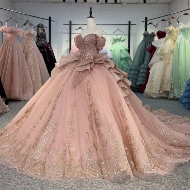 

Pink Shiny Princess Sweet 16 Dress Dress Quinceanera Dresses Gold Applique Beading Corset Tull Party Birthday Vestidos 15 Anos