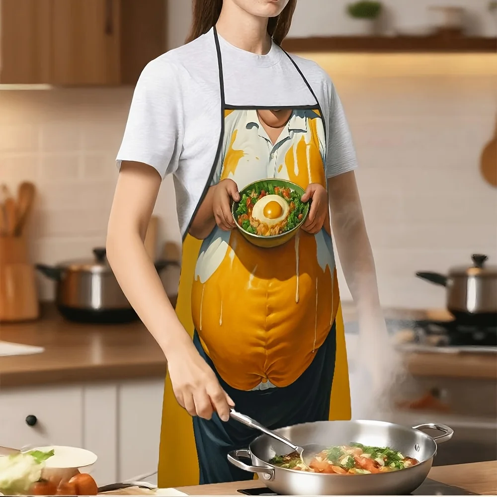 Funny 3D Big Belly Apron, Realistic Fat Man Holding Ramen Bowl Graphic Cooking Bib, Novelty Kitchen Gag Gift for Men