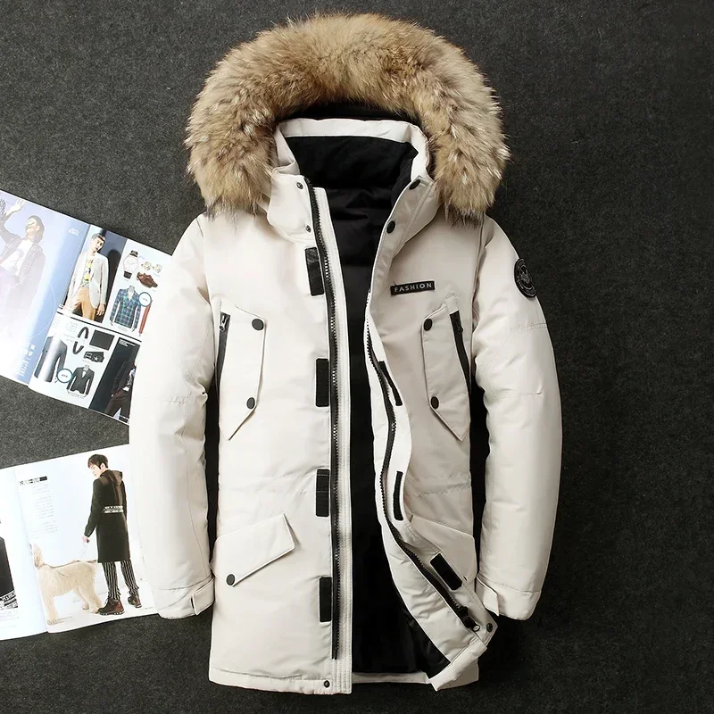 Winter Duck Down Parka Men Hooded Fur Collar Long Down Thicken Warm Jacket Women High Quality Outdoor Windproof Casual Men Coats