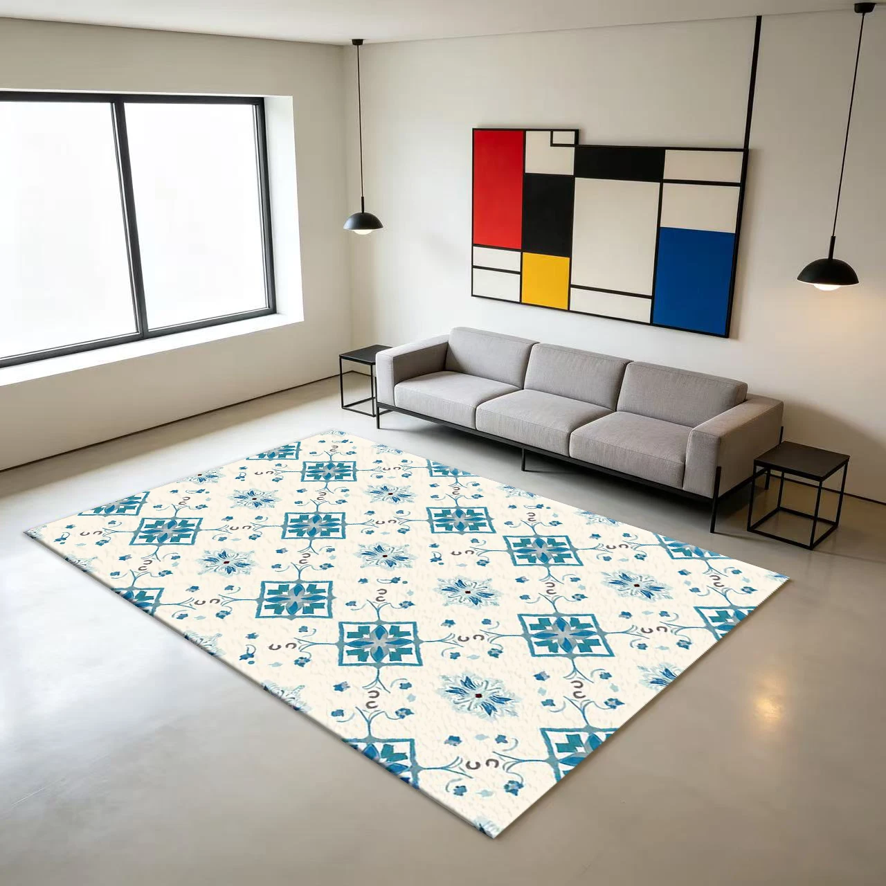 Bohemian Style Blue Floral Diamond Pattern Carpet Bohemian Style Carpet Non-Slip Floor Mat for Bedroom and Living Room