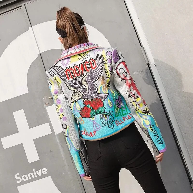 Womens Rivet Beading Pu Jacket Hit Color Streetstyle Graffiti Outerwear letters Printed leather Jackets Short Punk Street Coat