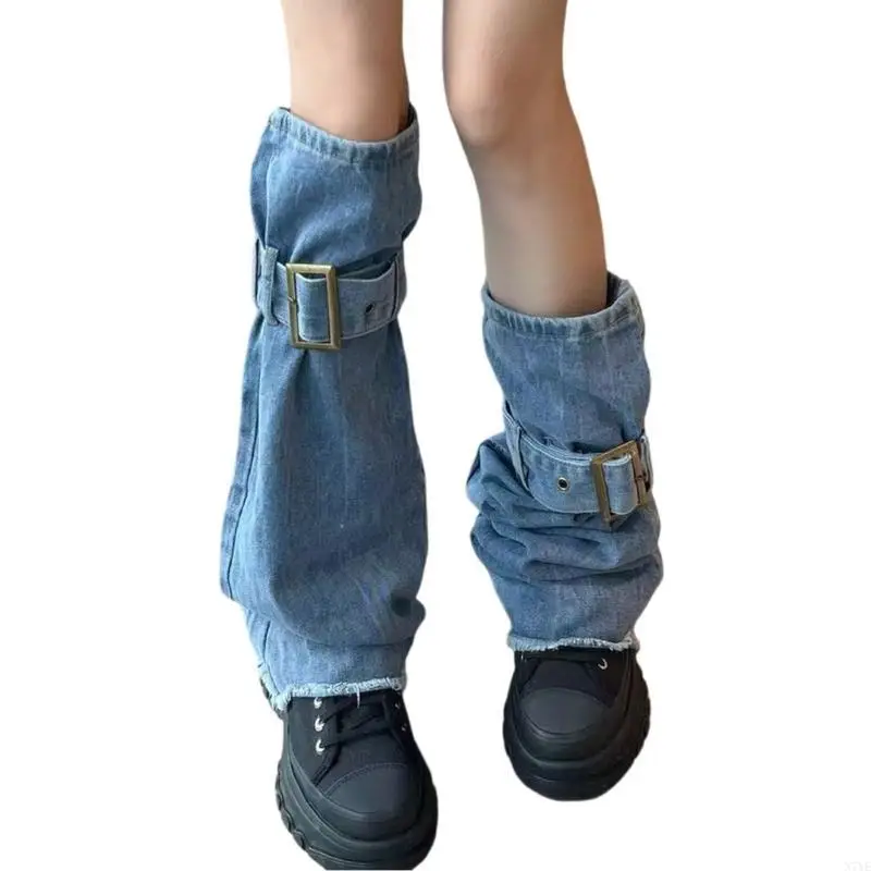 N7YE Women Washed Denims Flared Leg Warmer Buckled Strap Grunge Baggy Jeans Leg Cover