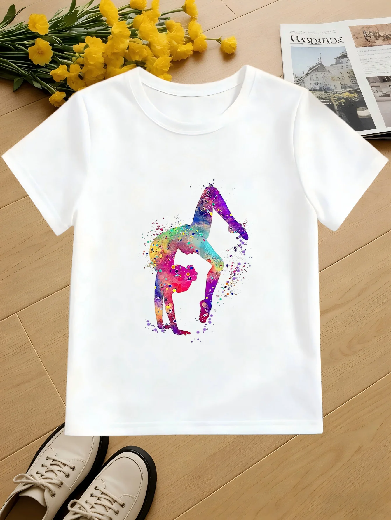 Color Splash Gymnast Handstand Watercolor Art Sports Print Kids T Shirt Boys Girls Family Matching Summer Crew Neck Casual Tee