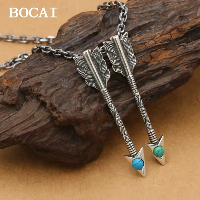 BOCAI New  S925 Sterling Silver Vintage Personalized Minimalist Versatile Feather Bow and Arrow Pendant Couple Gift