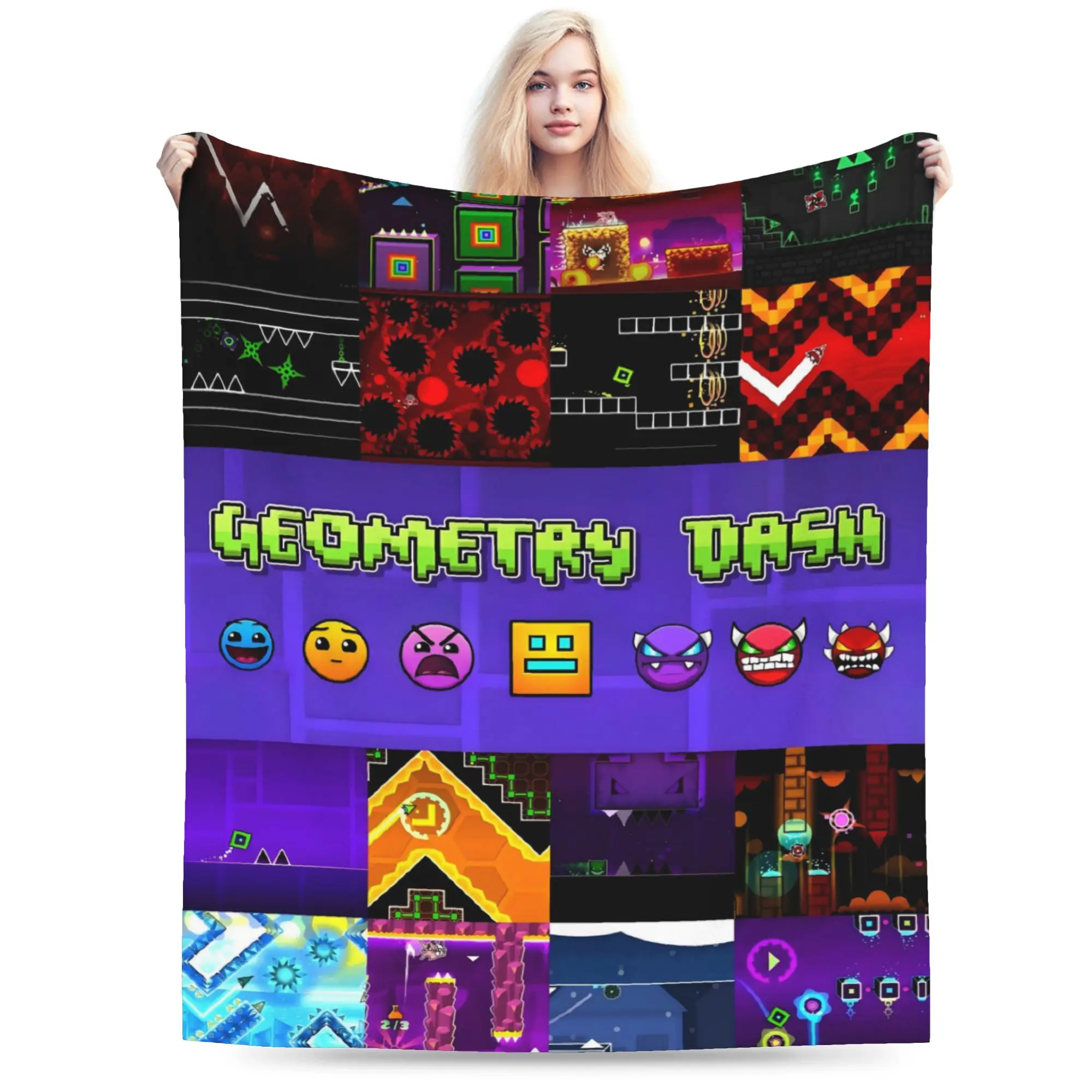 Custom 3D Print Popular Geometry Dash Blankets Breathable Soft Flannel Autumn Game Levels Throw Blanket for Couch Office Bedding