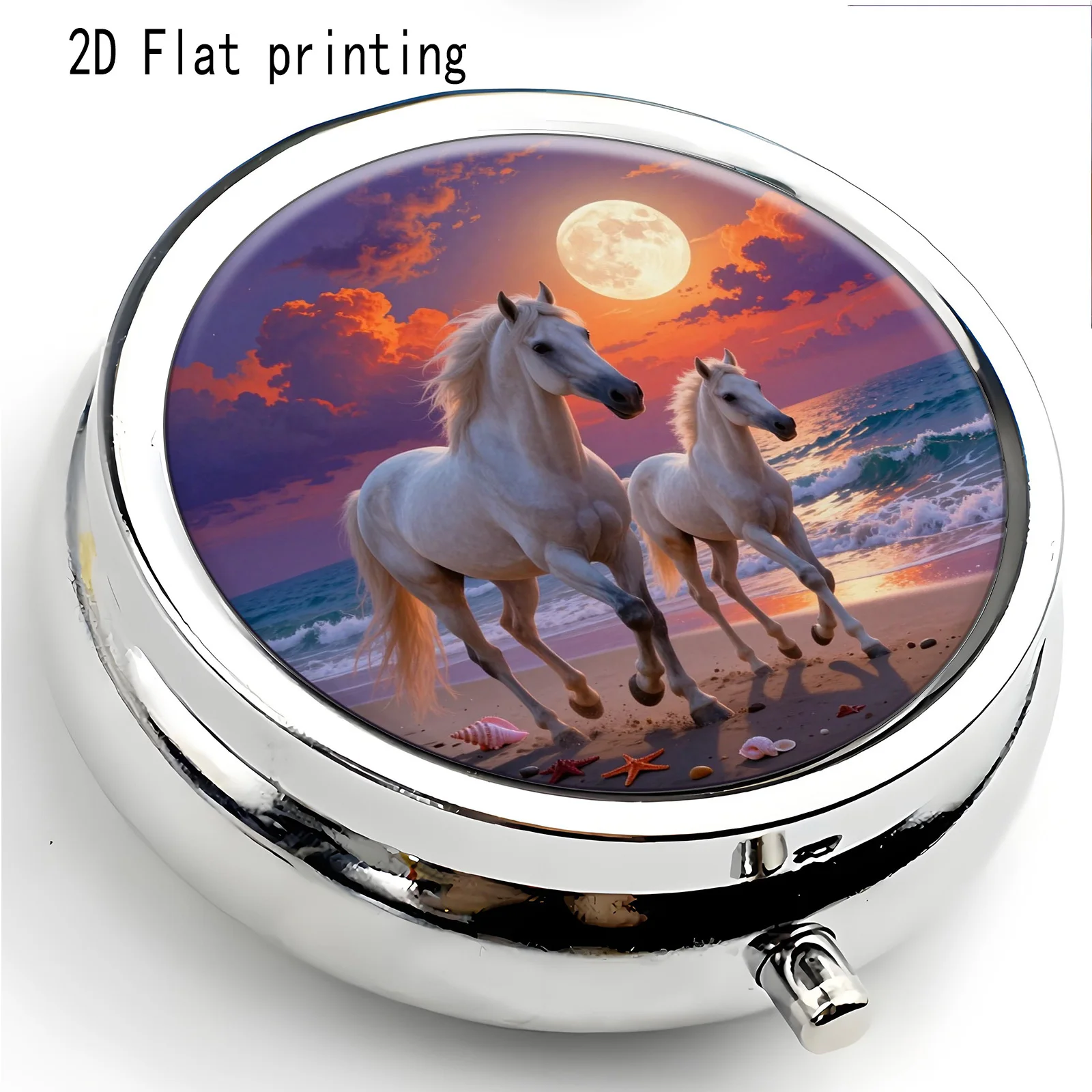 Single pack, flat print, painting style of seaside white horses, round three-compartment small box. Portable storage for medicines and small accessories. Suitable for use as a handbag, or as a must-have item for travel and lifestyle enthusiasts