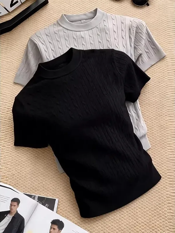 Cleanfit Knitted Short Sleeve Men's T-Shirt Slim Fit Summer Fashion Twist Knitwear Casual Breathable round Neck Top