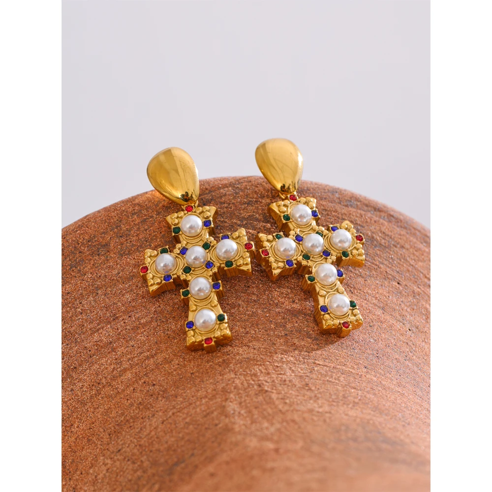 Yhpup Vintage Imitation Pearls Zirconia Cross Drop Earrings 18K Gold Color Stainless Steel Popular Jewelry 2025