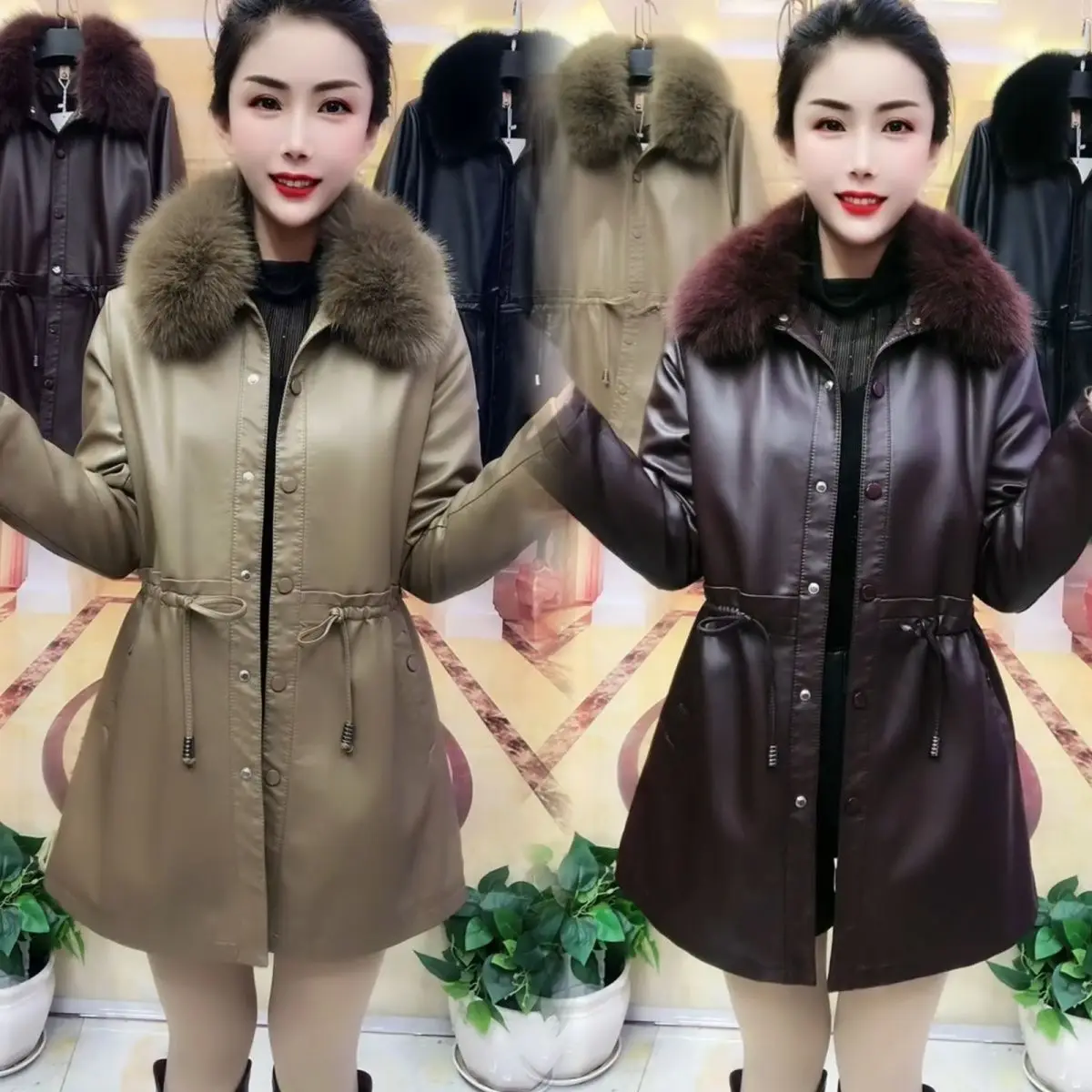 Autumn Winter Fur Collar Faux Leather Jacket Women Fashion New Plush Thicken Leather Coat Fashion Faux Long Leather Windbreaker