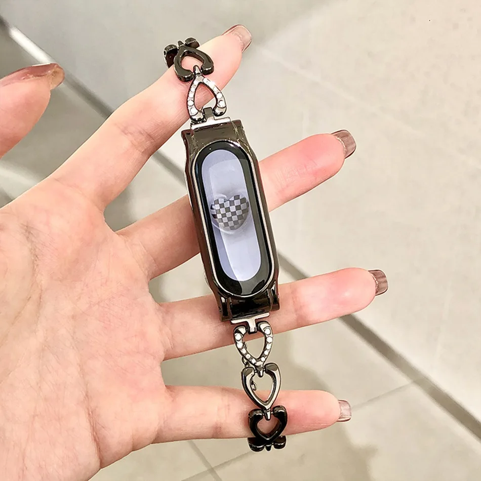 Bracelet de montre en métal pour Xiaomi Mi Band, bracelet coeur, bracelet de remplacement, sangles Correa, mode ins, 8, 7, 6, 5, 4, 3