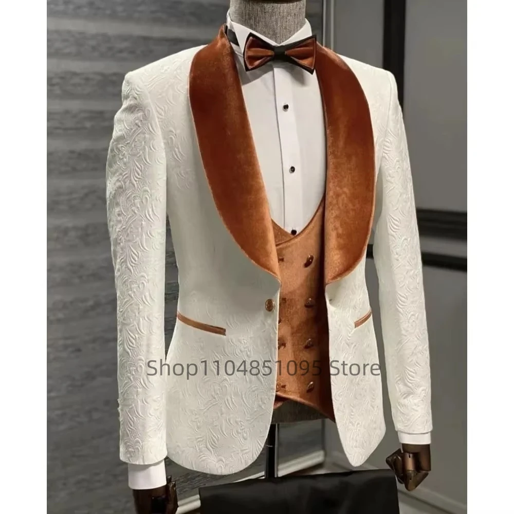 

3 Piece Set Elegant Men's Jacquard Suit Brown Velvet Shawl Lapel Blazer Vest & Pants High Quality Custom Suit for Men Wedding