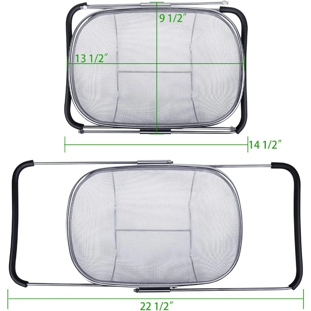 Coador grande sobre a pia de 6 quartos, resistente 40% mais grosso 18/8 cesta de filtro de malha fina de aço inoxidável com fricção expansível