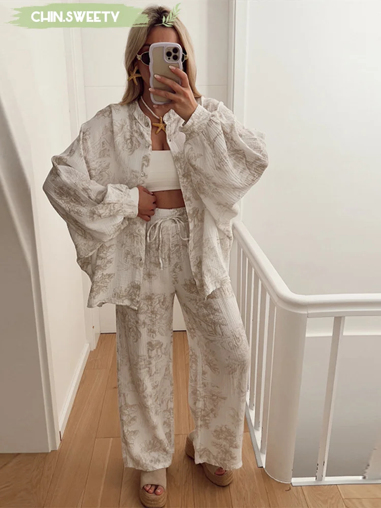 

Printed Pleated Shirt Pants Set Women Casual Loose Round Neck Long Sleeved Drawstring Two-piece Suit 2025 New Summer Lady Outfit