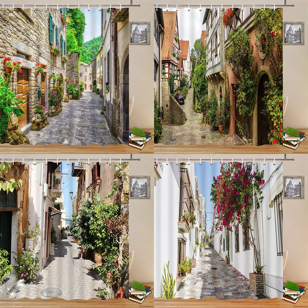 Ландшафтные занавески для душа, весенние цветочные занавески с растениями в стиле ретро, архитектура дома, переулка, цветочный пейзаж, декор для ванной, Полиэстеровая ткань