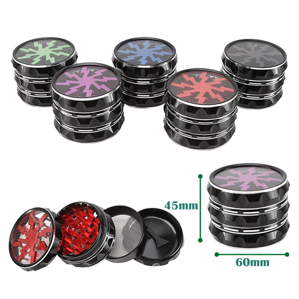 60mm Al Alloy Herb Grinder, 4-parts Metal Spice Mills, Transparent Skylight Tobacco Crusher, Smoking Accessories for Smoker Gift