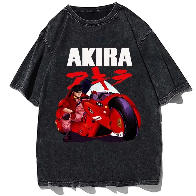 Anime AKIRA Printed Tshirt Summer Men Casual Short Sleeves Oversize Harajuku T-shirt Vintage Washed High Quality Cotton T Shirt