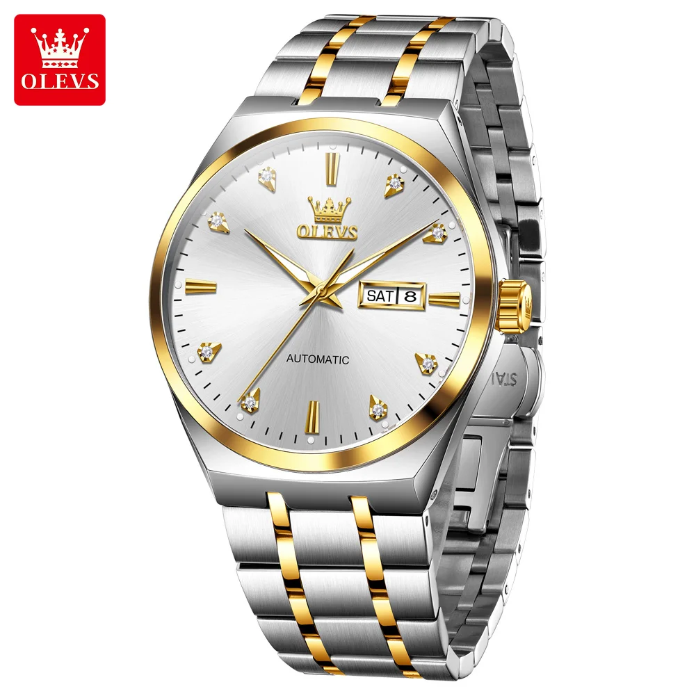 OLEVS 9811 남성용 기계식 시계 스테인레스 스틸 방수 빛나는 듀얼 캘린더 간단한 럭셔리 브랜드 자동 남자 시계