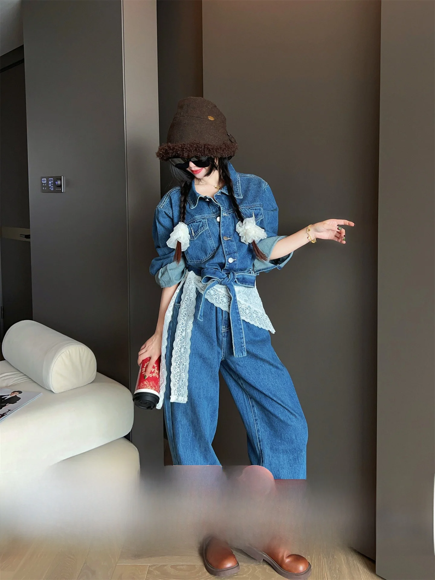 

Faion Slimming Denim Overalls Women's Spring 2026 Loose Pants High Waist Straight Leg Commute Sle Long Trousers