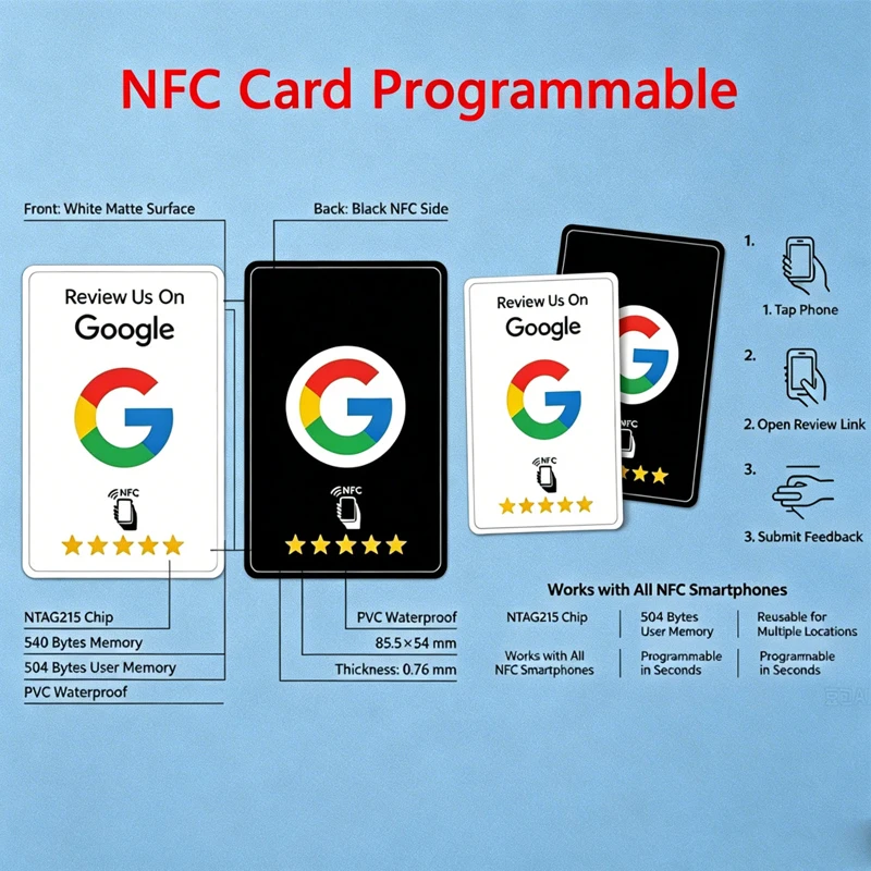 1-200Pcs Black Premium ;;Wear‑Resistant Matte Finish Reusable Google Review Tap NFC Card Programmable NFC Tap Card User‑Friendly