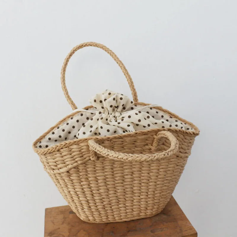 Women Handbag Straw Weaving Craft Drawstring Design Solid Color Simple Fresh Sweet Daily Leisure Large Capacity Vacation Bags