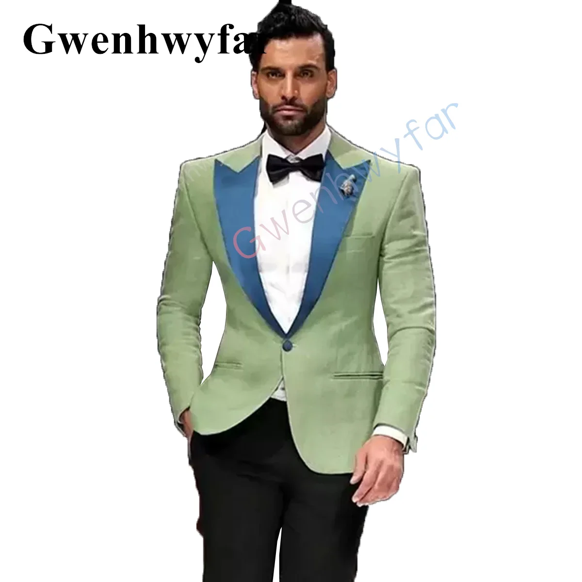 

Gwenhwyfar 2023 Trendy Style Tailored Groom Tuxedo Peak Lapels Men's Suit Fashion Light Green 2 Piece For Wedding Blzaer