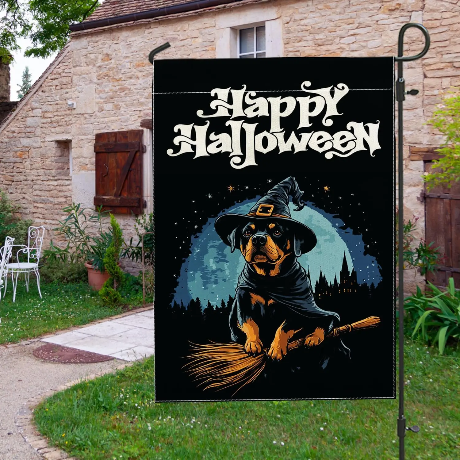 Cute Halloween Witch Rottweilers Dog Front Yard Backyard Burlap Vertical Garden Flags 12x18 Double Sided for Outside