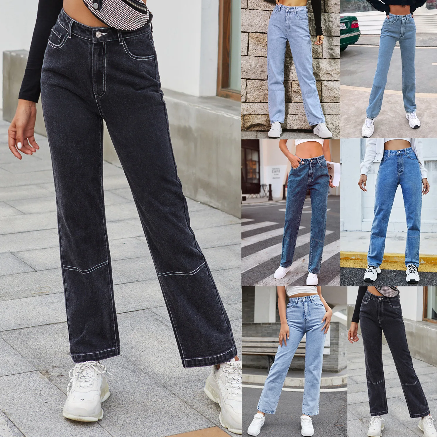 

High Waist Bla Denim Straight Pants Women's Faion Ins Sle Comfortable Fit Classic Color for Any Ocn