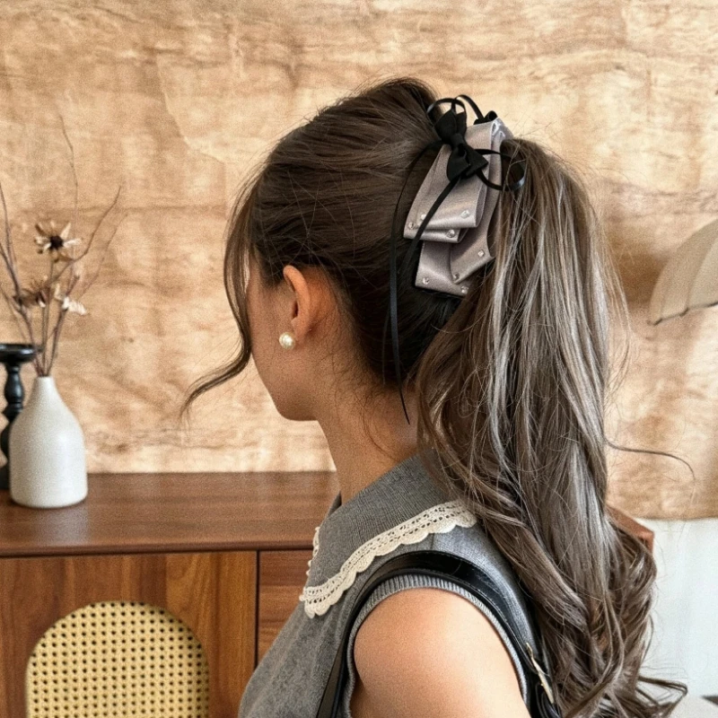 Grey Satin Black Bow‑Ribbon Hair Clip, Rhinestone Layered Fabric Barrette, Delicate Aesthetic Side Accessory for Women