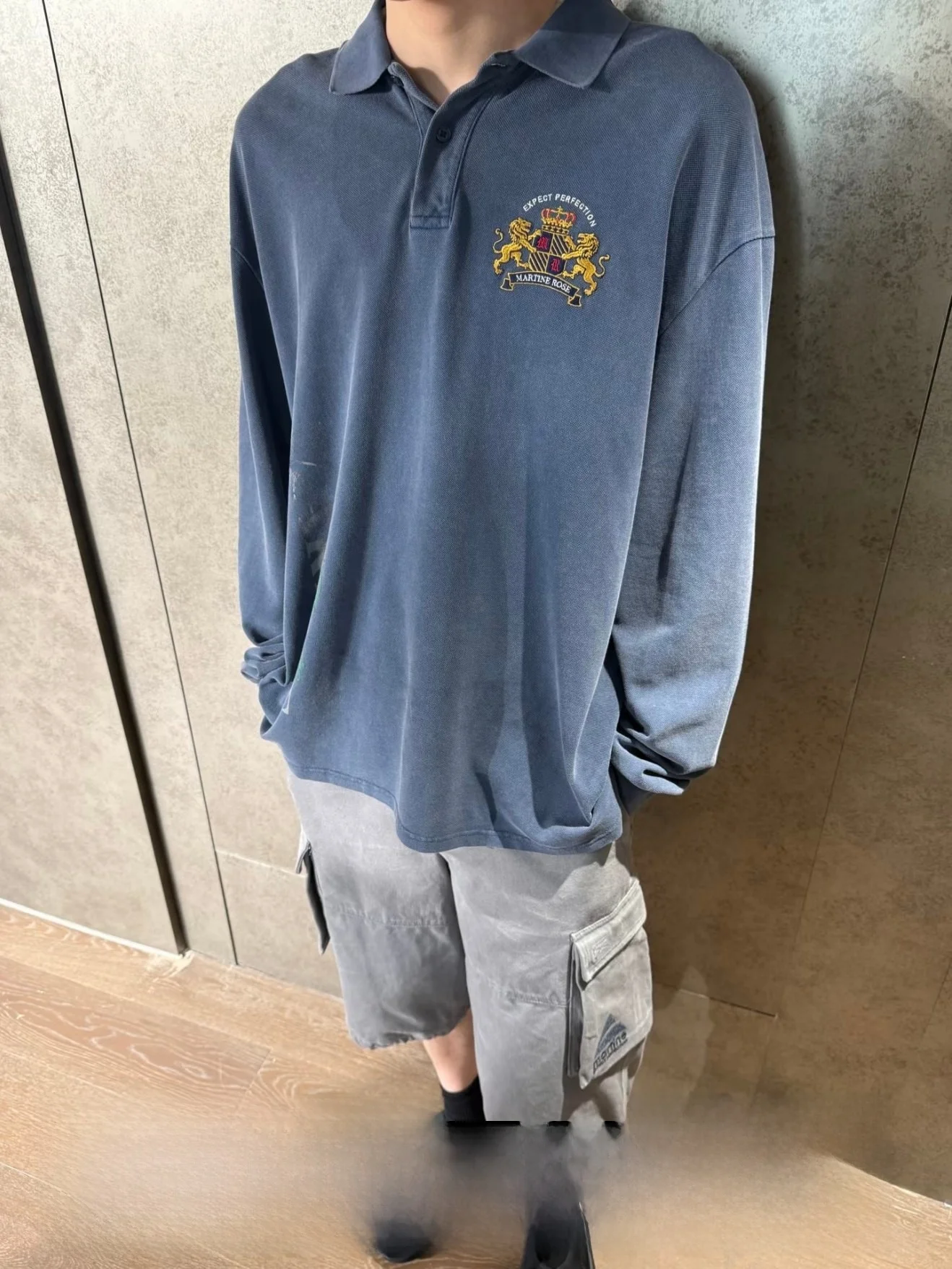 Martine Rose SS26 Vintage 6 Patchwork Embroidery Blue  Shirt Washed Long Sleeve Loose Fit Cotton Casual Style Unisex