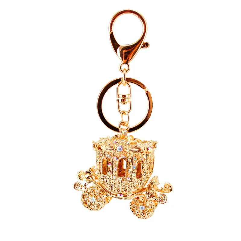 Fashion Alloy Keychain with Big water-drop Rhinestone Cartoon Pumpkin Carriage Keychain Golden Carriage Pendant Female Bag Acces