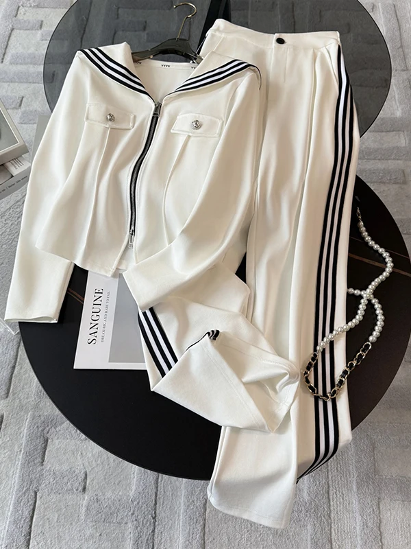 

Fashionable Navy Collar Long Sleeve Wide Leg Pants Set Women's Premium Style Autumn College Wind Two Piece Suit Elegant