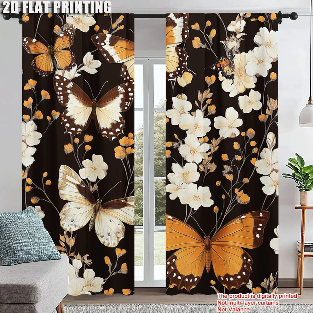 

2Pcs Butterfly Print Window Curtains Rod Pocket Design Polyester Material Perfect For Living Room Bedroom Kitchen More Home