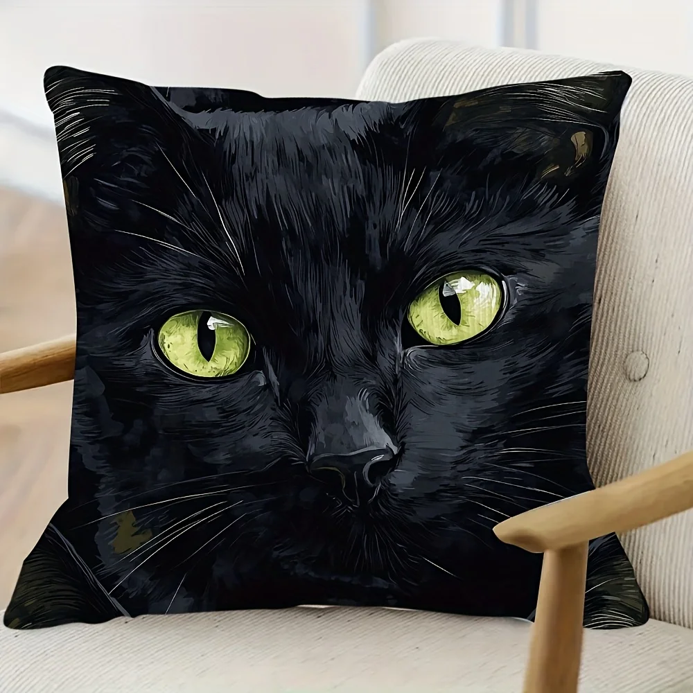 1pc 18x18 Inch Ultra-Soft Short Plush Pillow Cover - Black Cat with Green Eyes Single-Sided Print, Zipper Closure, Machine Washable, Contemporary Style Decorative Cushion Cover for Sofa & Bedroom Decor (No Insert Included)