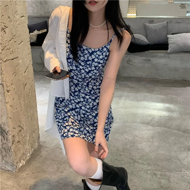 Sleeveless Dress Women Summer New French Style Classic Floral Leisure Mini Elegant Popular All-match Vestidos Spaghetti Strap