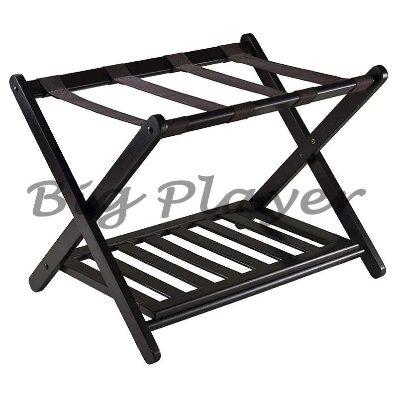 

Foldable Luggage Rack Wooden Floor Standing with Shoes Shelf Suitcase Stand for Hotel Travel Home