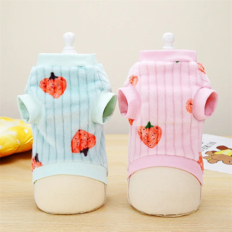 Strawberry Print Cat Puppy Sweater Autumn Winter Pet Clothing Plush Pullover with Pull-tab Low Price Kitten Clothes Sphynx Coats