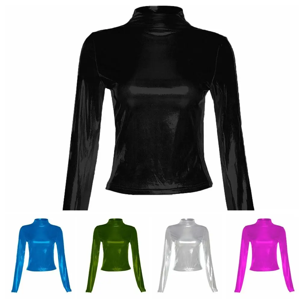 Bronzing Long Sleeve Tops Casual T-Shirts Bright Color Slim Cropped T Shirt Y2k Clothes Fall Clothing Turtleneck Tops Ladies