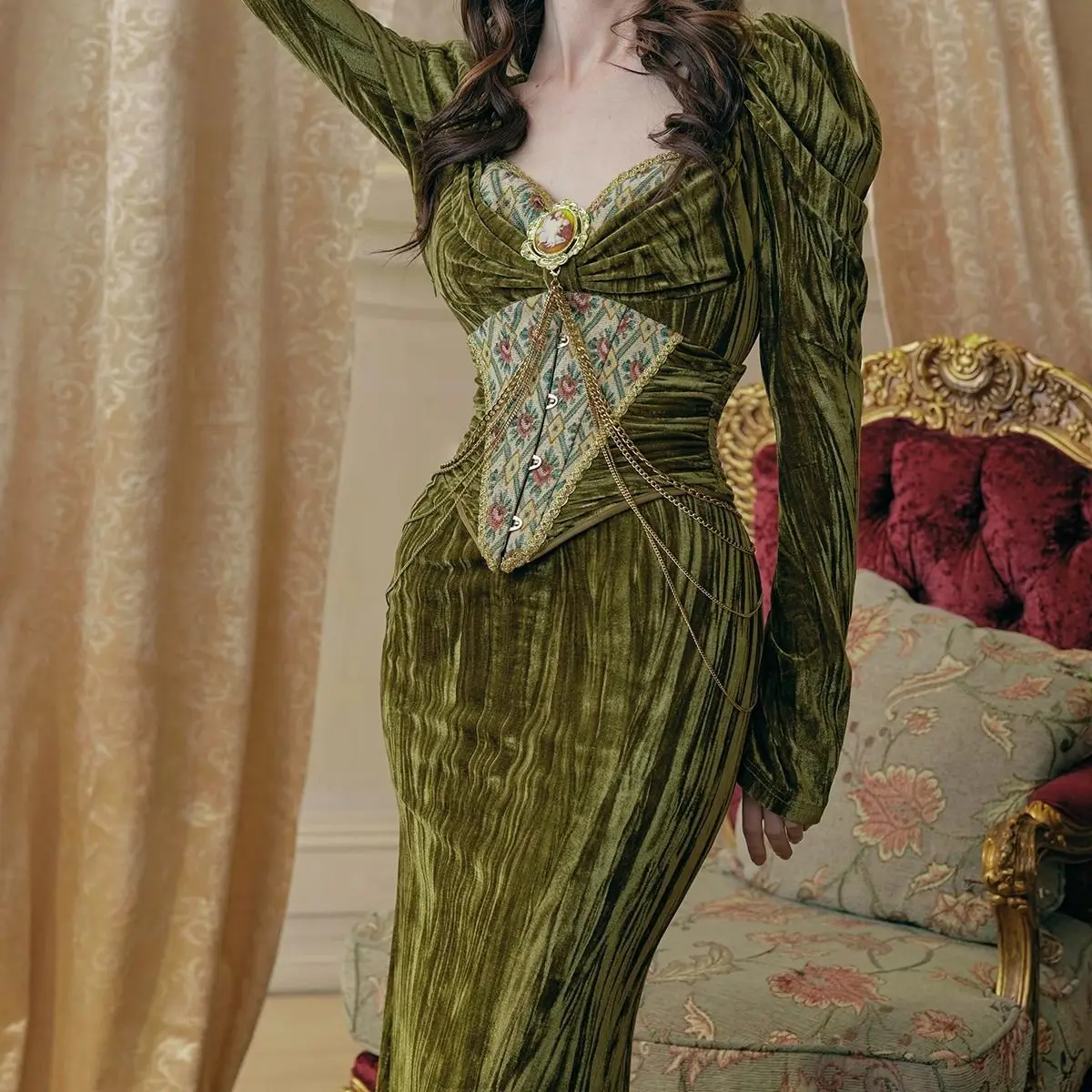 2025 Otoño e Invierno nuevo vestido Retro de terciopelo verde de espina de pescado falda madura con sello de cintura de espina de pescado (sin cadena)