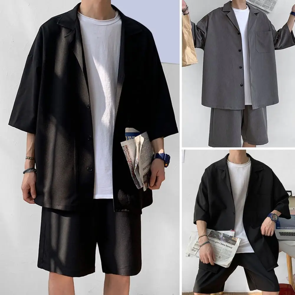 Korean Style Men's Set Suit Men Solid Color Loose Two Pieces Trendy Men Coat Shorts Suit Summer Oversized Clothing Man