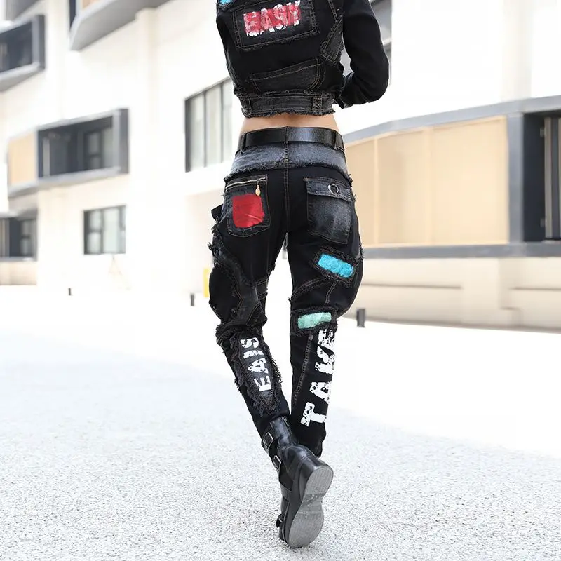 Jean pour femmes, noir foncé, blocage de couleur, design de niche, sens, à la mode, nouveau sarouel personnalisé, tendance, automne