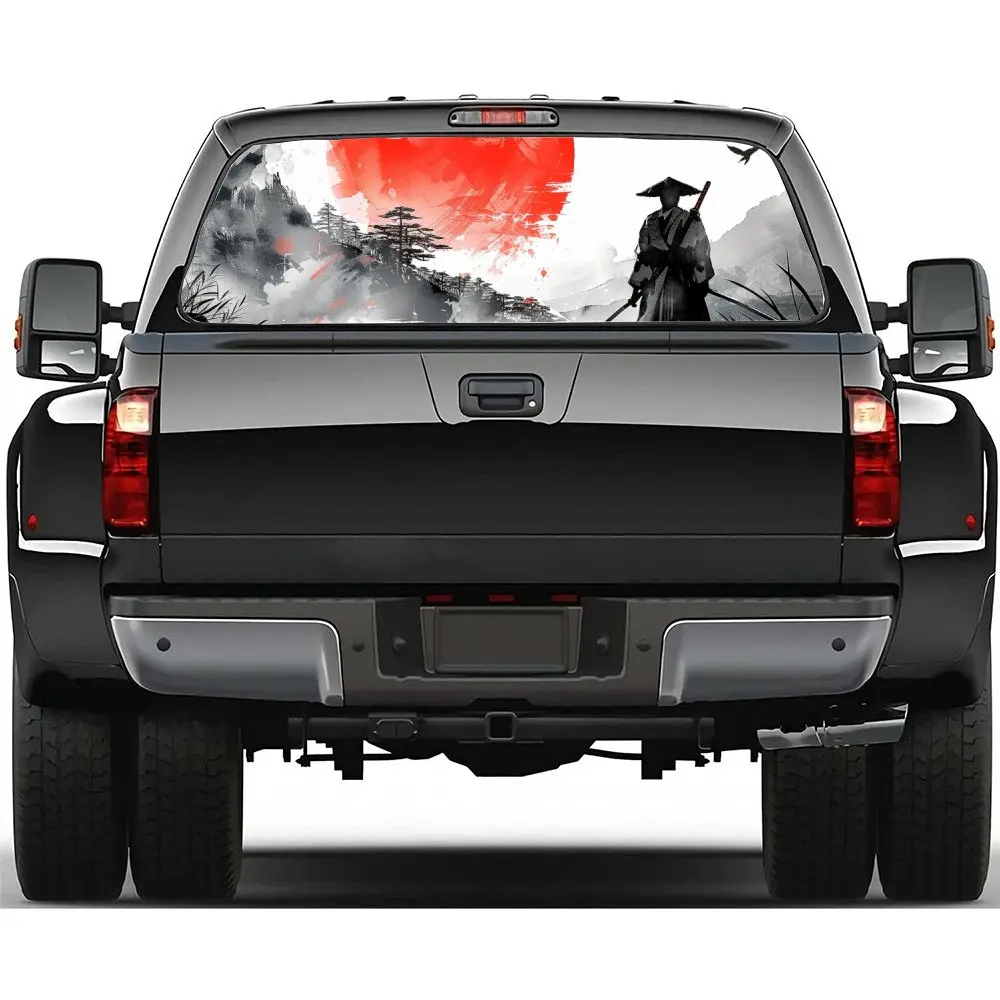 

Самурайский красный солнечный горный принт, наклейка на заднее лобовое стекло автомобиля, окно грузовика, прозрачная перфорированная виниловая наклейка на заднее окно, декор