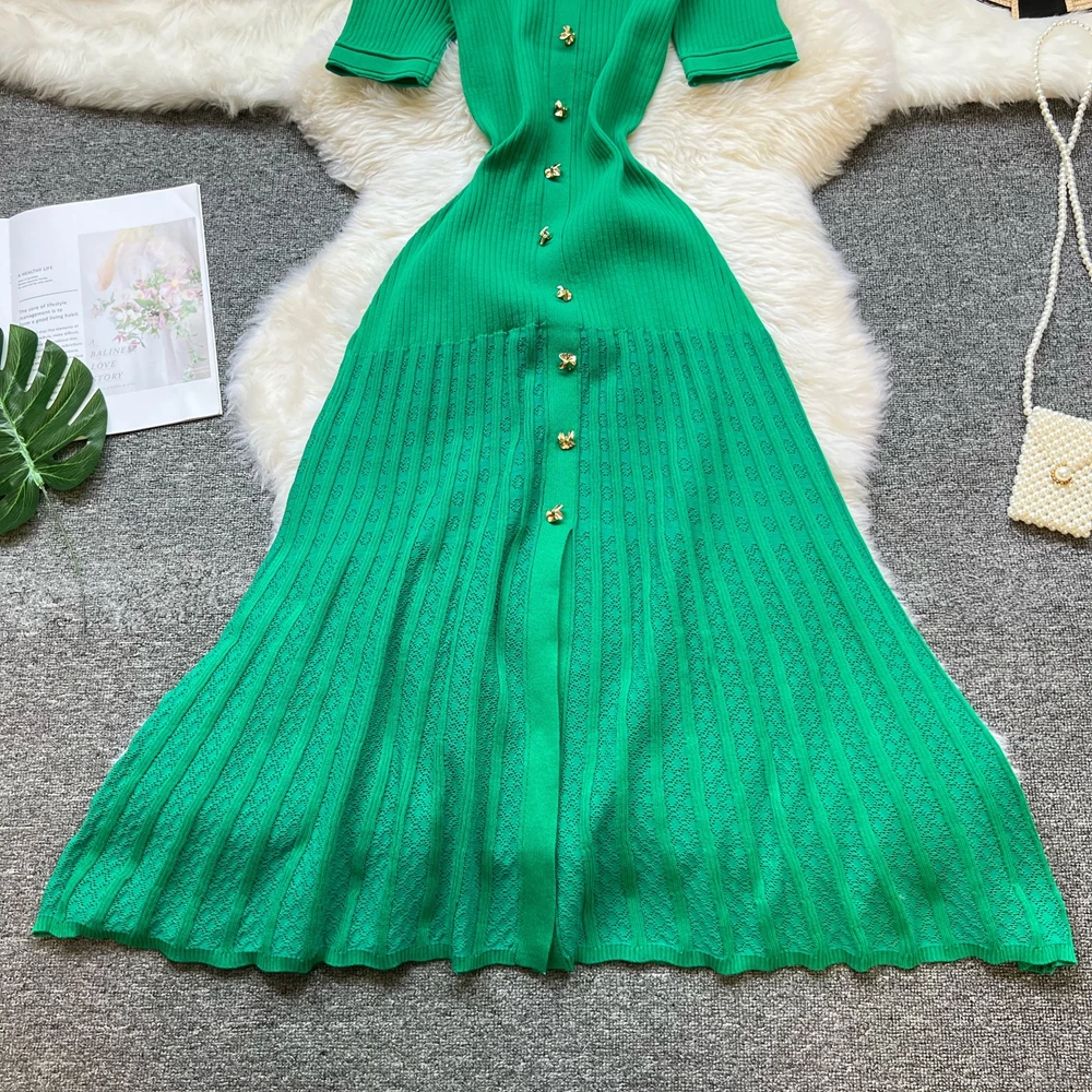YuooMuoo Brand Fashion Vintage Turn-down Collar Knit Maxi Dress Elegant Single-breasted A-line Long Shirt Dress Lady Vestidos image 5