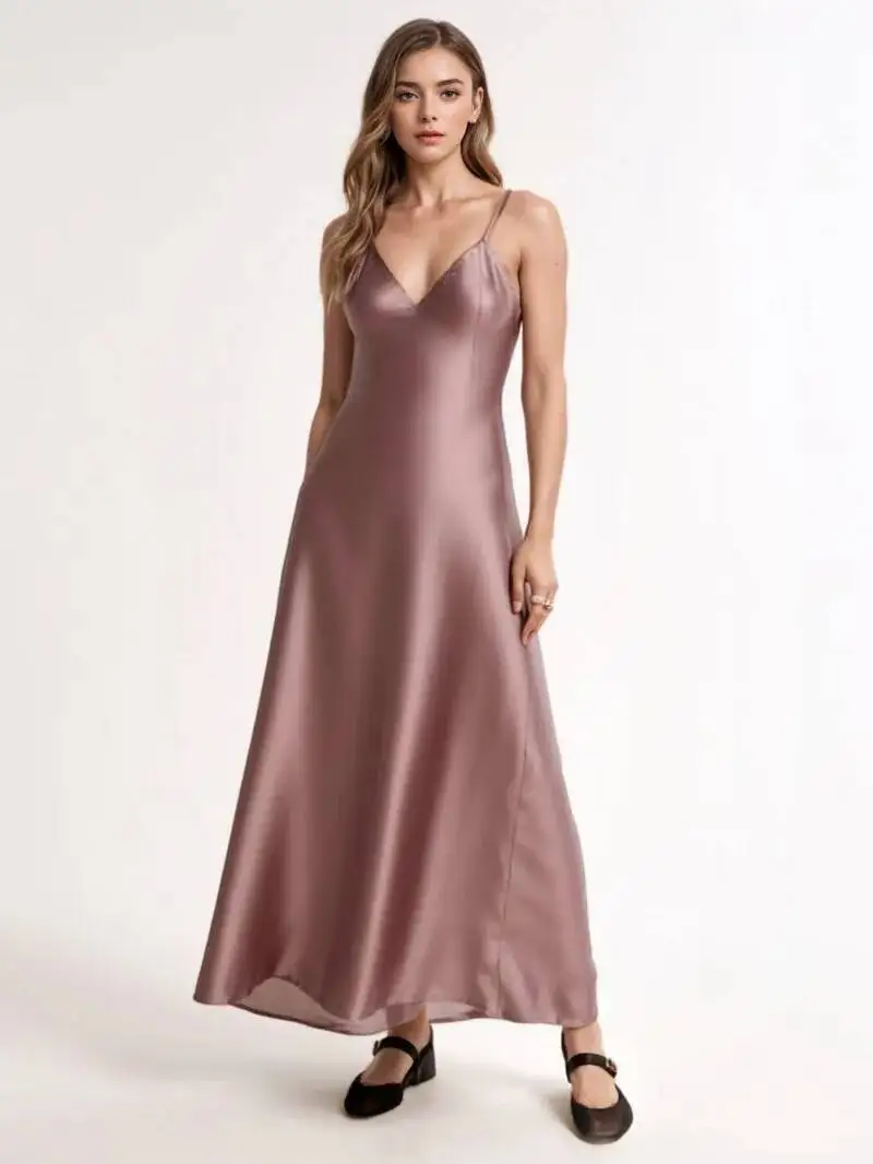 Neue Casual Kleider frauen Satin Midi Kleid V-ausschnitt Dünne Träger Backless Weibliche Kleider Sexy Mode Robe Tops