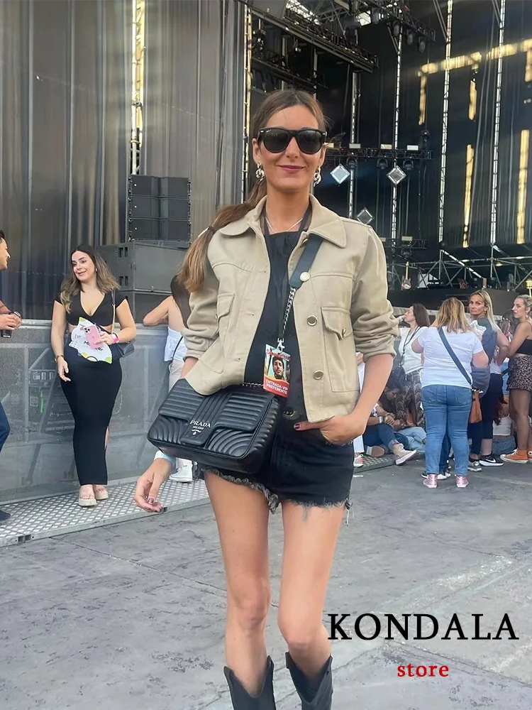 

KONDALA Chic Solid Khaki Short Jacket Streetwear Long Sleeve Women Blazer Young Vintage Pocket Outwear Fashion 2022 High Street