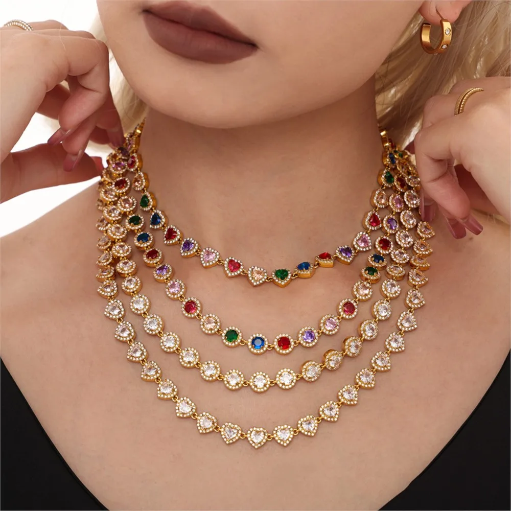 High-end Luxury Necklace Bracelet With Multi Color Zircon For Women 18k Gold Plated Stainless Steel Women\'s Necklaces Bracelets