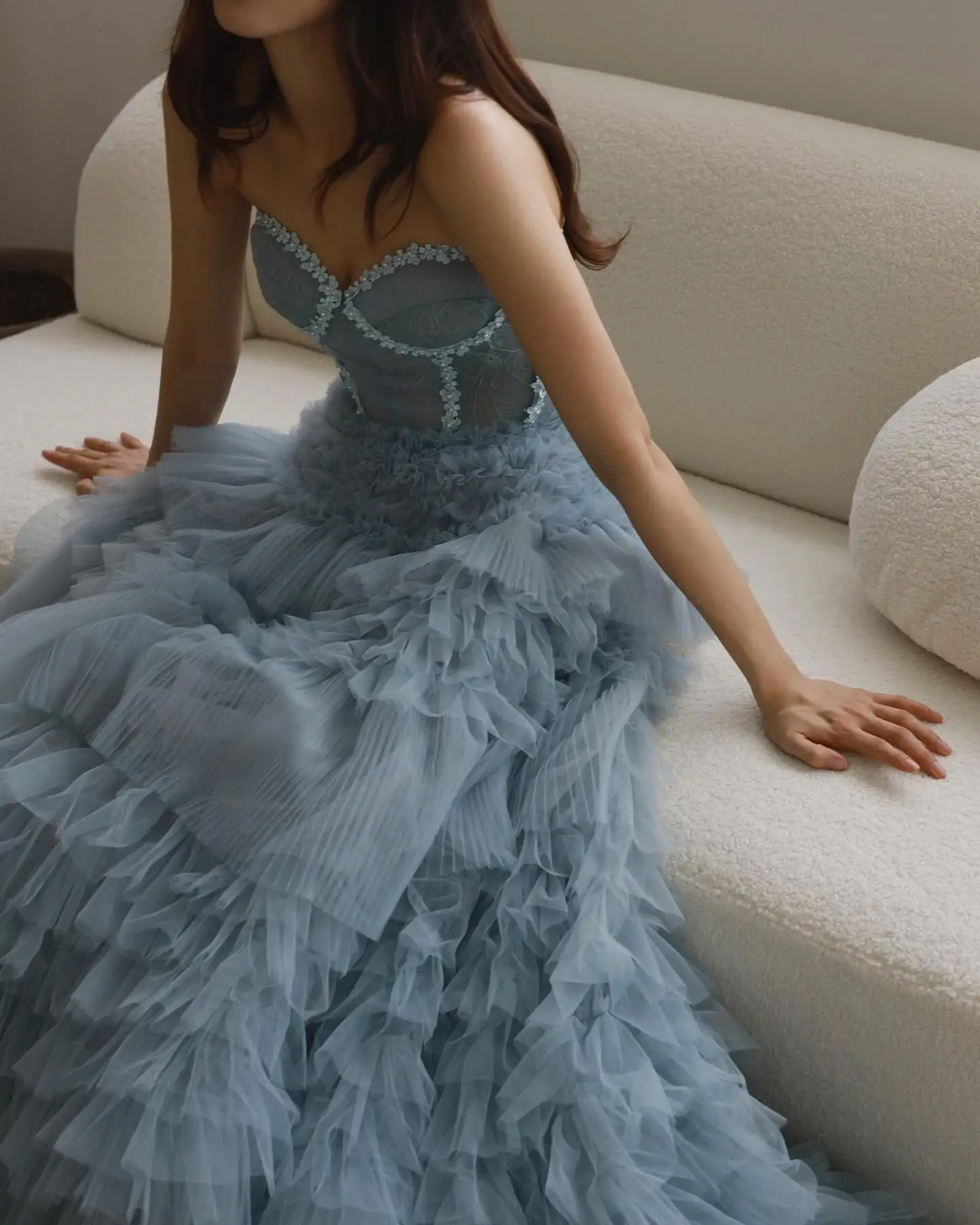 Giyu A-line Multi-la Korea Wedding Dress Photo Shoot Blue Sweetheart Collar Bridal Gown Floor-Length Evening Gown Dress